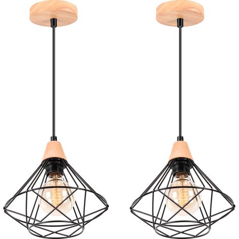2x Chandelier Industrial Retro Cage Made of Metal E27 Wooden Ceiling Lamp for Bedroom Living Room Dining Room Black (1/5)