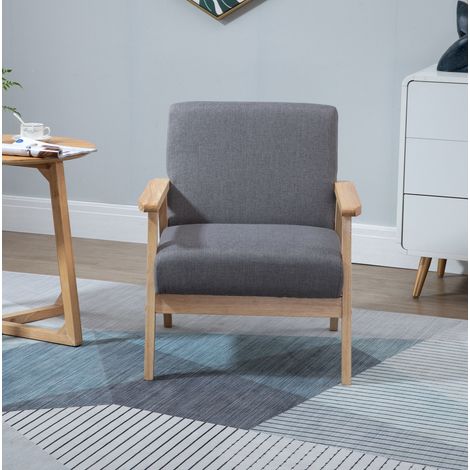 Sillón escandinavo con reposabrazos, asiento ancho, estructura de madera, lino gris (1/5)