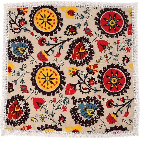 Nappe carrée vintage en coton et lin avec dentelle et motif tournesol, lavable, idéale pour les repas, les pique-niques et la décoration intérieure. Tailles assorties. (1/5)