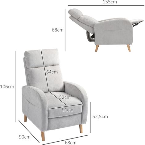 Sillón Relax Reclinable Tapizado en Lino Sintético con Reposapiés y Bolsillo Lateral Carga 135 kg Gris Claro (1/5)