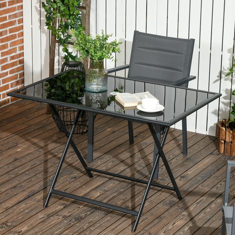 Table à manger de jardin pliable avec plateau verre trempé table extérieure avec trou de parasol 110 x 70 x 70 cm noir