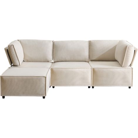 Sofá modular de lino beige con estructura de madera, 4 módulos, 238 x 154 x 75 cm (1/5)