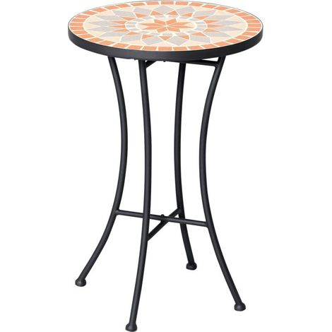 Runder Beistelltisch Ø 35,5 cm aus wetterfestem Metall für Garten, Balkon, Camping, Büro oder Wohnzimmer, gelb-graues Mosaikdesign (1/5)