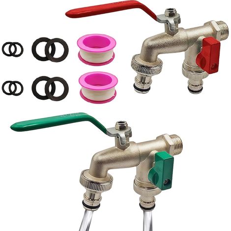 2PS Robinet de Jardin dDouble 1/2", Double Robinet d'écoulement 1/2" avec Comprend 4 Raccords de Tuyau, 4 Joints d'étanchéité et 2 Rouleaux de Ruban d'étanchéité Pour jardin, Machine à Laver (1/5)