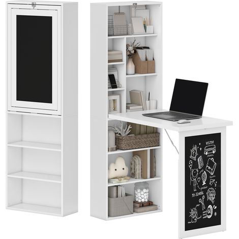 Wandmontierter Klapptisch mit Bücherregal und Schiefertafel, verstellbarem Einlegeboden.