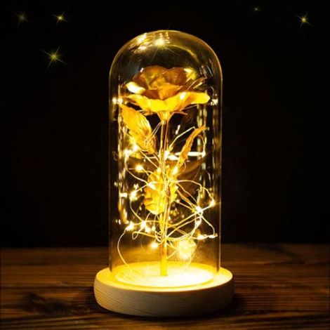 Rose éternelle sous cloche, rose en verre inspirée de La Belle et la Bête avec socle en pin et lumière LED, idéale pour la fête des mères, la Saint-Valentin, un anniversaire, un mariage ou la décorati (1/3)