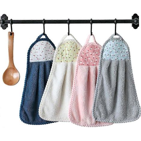 Lot de 4 serviettes suspendues épaisses en velours corail, séchage rapide, tissu doux pour la cuisine et la salle de bain (23 x 37 cm) (1/5)