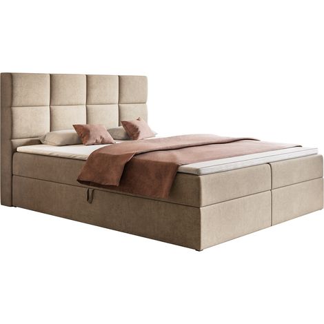 Solo Lit avec Matelas 160x200 - Lit avec rangement, Surmatelas, Tissu Velours - Lit double Beige (Jasmine 24)