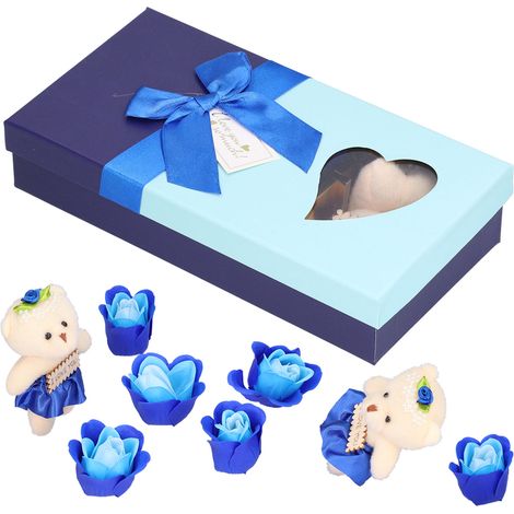 Blauer künstlicher Blumenbär, romantisches Deko-Plüschtier, bezauberndes Geschenk zum Valentinstag, Muttertag oder zur Hochzeit, elegante Geschenkbox (1/5)