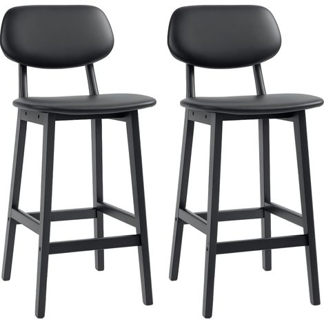 Set of Two Wooden Classic Bar Stools, with Faux Leather Seats - Black