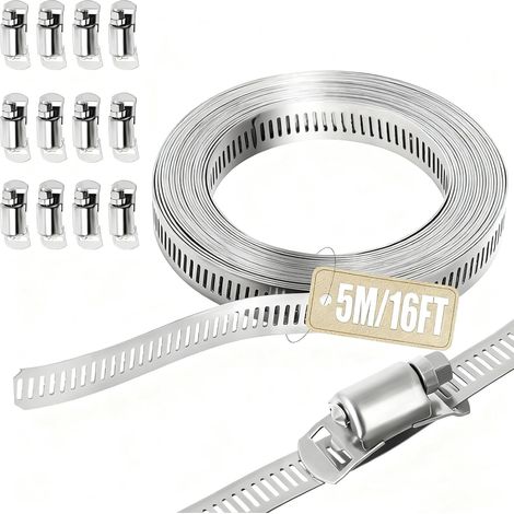 Collier de serrage inox 5 m, bande métallique 304, 12 fermetures  Collier de serrage métallique réglable et découpable pour tuyaux, gaines, ventilation, plomberie, auto, jardin et atelier (1/5)
