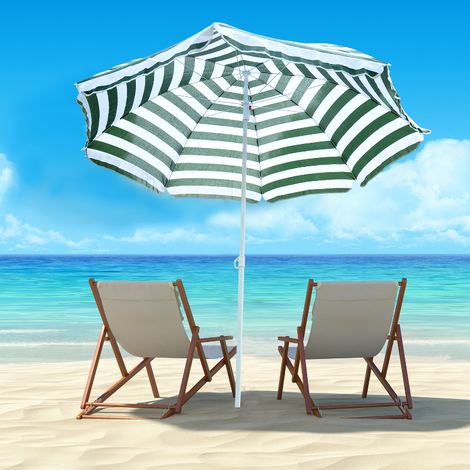 Outsunny Parasol de plage parasol inclinable octogonal Ø 180 cm Tissu Polyester Haute densité Anti-UV mât démontable Vert Blanc rayé (1/5)