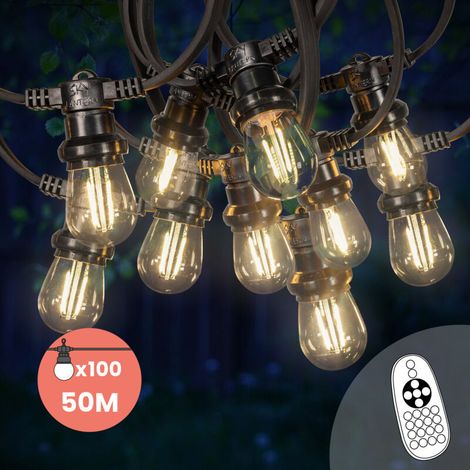 Guirlande Guinguette 50M 100 Bulbes Filament Blanc Chaud avec Variateur de Luminosité et Télécommande - Guirlande Lumineuse Ampoule E27 Transparente Dimmable - Guirlande Guinguette Led