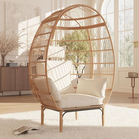 GARVEE - Fauteuil Œuf XXL en Rotin Tressé, Assise Spacieuse 225kg avec Coussins, Pour Jardin, Balcon et Salon, Intérieur/Extérieur(Blanc) (1/5)
