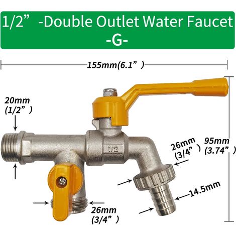 (G-1pcs) Adaptateur de robinet pour tuyau d'arrosage 1/2'', connecteur pour réservoir d'eau IBC, raccord de remplacement en laiton pour robinet d'irrigation 2 voies/1 voie, vanne à bille (1/5)