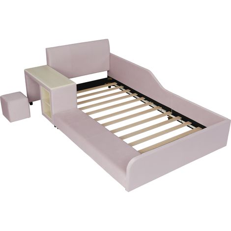 Lit enfant capitonné rose 90x200 cm avec bureau, tabouret et étagère MODENUIT (1/5)
