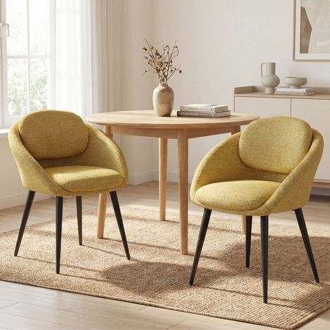 Wahson Chaise de Salle à Manger en Chenille Lot de 2, Chaise de Cuisine Moderne avec Dossier Rond et Pieds en Métal Noir, pour Salon/Chambre, Jaune (1/5)