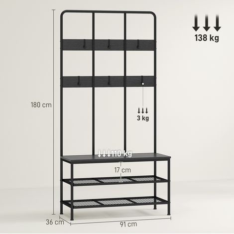 Étagère d'entrée 3 en 1 avec 6 crochets et étagère à chaussures, 91 x 36 x 180 cm, noire (1/5)