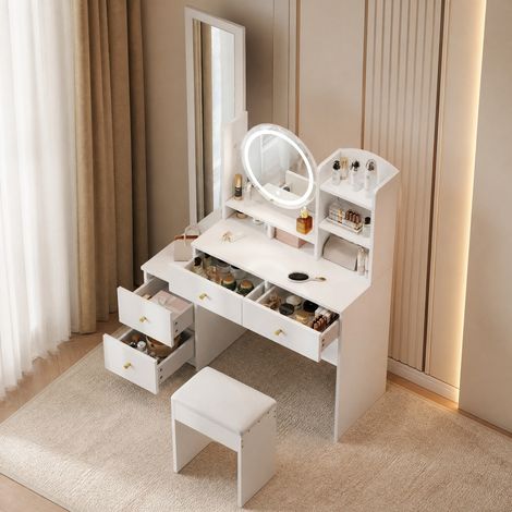 Toeletta 4-in-1 con specchio a figura intera, girevole e LED 3 colori, bianca DESVIAE (1/5)