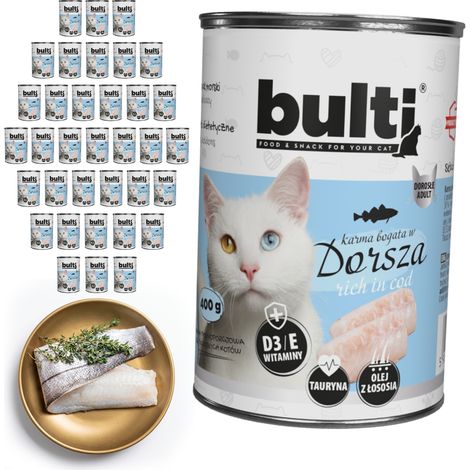 Alimento húmedo para gatos BULTI sabor bacalao, lata de 36 x 400 g. Completo. (1/2)