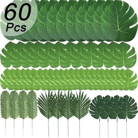 Set mit 60 künstlichen Blättern in 6 verschiedenen Arten, Imitation tropischer Pflanzen zur Tischdekoration, für Hawaii-Partys oder Strand-Themen.