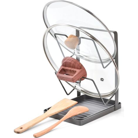 Organiseur de Couvercle de Casserole, Support Couvercle Casserole à 2 Niveaux avec Bac Récupérateur Amovible – Support en Acier Carbone Gain de Place pour 2 Couvercles sur le Plan de Travail (1/5)