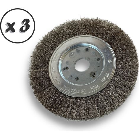 Lot de 3 brosses circulaires INOX Ø 150 mm Epaisseur 1 rang Fil souple 0.20 mm ondulé Alésage 20 mm + réducteur bague 16/12 mm Touret meuleuse affûteuse ponceuse Kibros 215151IVx3 (1/5)