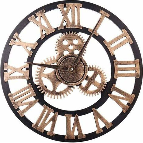 Horloge murale vintage - ronde - en métal - silencieuse - tic-tac - 45 cm - chiffres romains noirs (1/4)