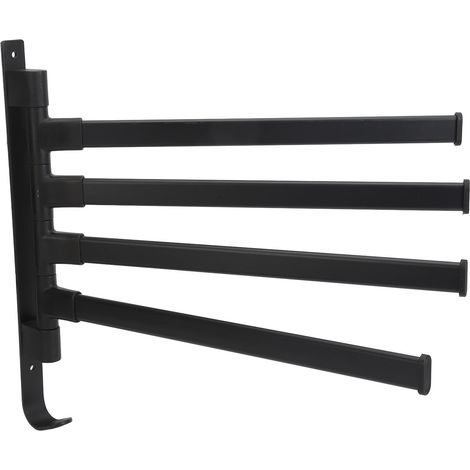 Barre à serviettes 4 bras en aluminium noir, pivotante à 180°, pour salle de bain et maison, support mural plat, portant serviette robuste, finition mat, rangement compact. (1/5)