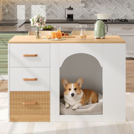 Isola cucina con 3 cassetti e nicchia per animali - 120x60x90 cm mobile credenza salvaspazio mdf - bianco ed effetto legno (1/5)