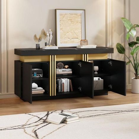 Buffet bas - KOMHTOM - Sideboard moderne - 3 portes - Plateau marbre - Noir et or (1/5)