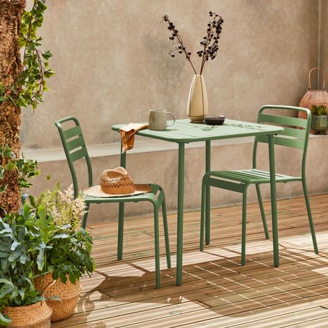 Table de jardin métal + 2 assises vert Amélia (1/5)