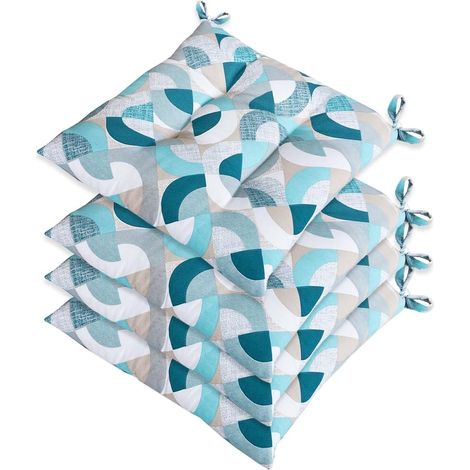Set 4 Cuscini Sedia Moderni Morbidi Universali A Cerchi Azzurri Blu Coprisedie Cotone Lavabili