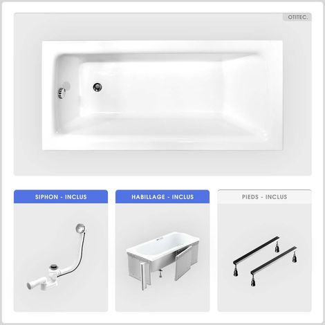 Baignoire rectangulaire - 100 x 70 cm - avec Habillage - Pieds - Vidage Chrome - TALIA