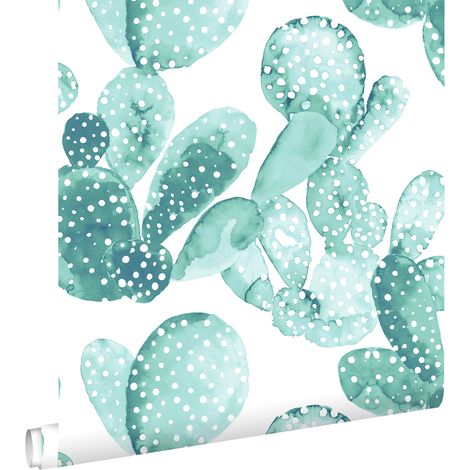 papier peint cactus peint à l'aquarelle turquoise grisé  - ESTAhome