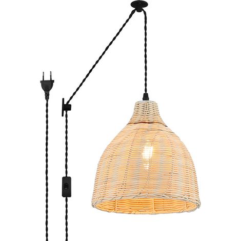 Plafonnier Suspendu en Osier de Bambou avec Câble Prise Murale Vintage Poulie Bois Rotin Abat-Jour Ø26cm Douille E27 pour Salon Salle à Manger Cuisine (1/5)