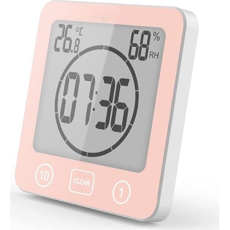 Horloge de Douche Salle de Bain, Alarme Numérique LCD, Thermomètre Hygromètre, Minuterie de Compte à Rebours(Rouge) (1/5)