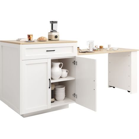 Carro de Cocina con 1 Cajón, 4 Huecos, Estante Lateral, Tablero Extensible y Ruedas, 133×70×93.5 cm (1/5)