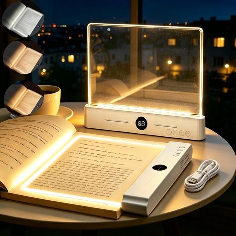 Lampe de Lecture LED Plate, Grande Taille Lampe de livre plate Rechargeable Panneau de Lampe de Lecture à LED avec Minuterie, 3 Couleurs de Lumière, Lampe de page pour la Lecture (Blanc) (1/5)