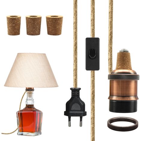 Kit Lampe à Bouteille, Adaptateurs de Lampe e27 avec 2.4 m Câble en Ficelle et Interrupteur, Douille E27 en Laiton, Support de Lampe en Céramique E26, Pieds de Lampes, 3 Tailles de Bouchons (1/5)