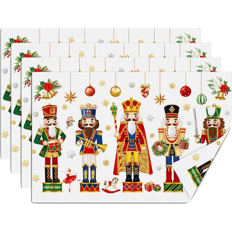 Lot de 4 Sets de Table Soldat Casse Noisette, sous Assiette de Table Boule de Noël et Neige, Dessous Assietter Lavable Absorbant en Lin pour Cuisine, Salle à Manger, Fêtes Décoration 30x45cm (1/5)