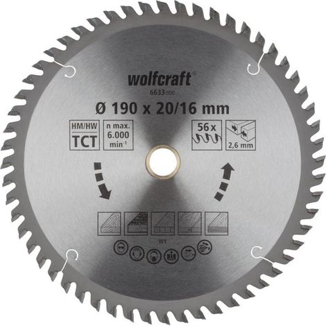 Wolfcraft Kreissägeblatt 190 x 20/16 mm 56 Zähne Hartmetall Kreissägeblatt