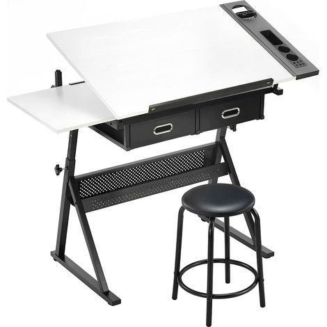 Table à dessin Osorio réglable en hauteur et inclinaison avec tabouret noir blanc (1/5)