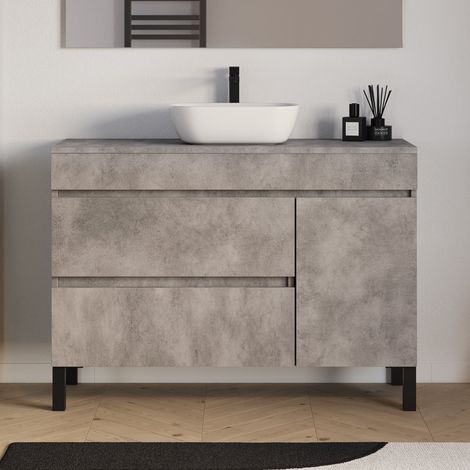 Meuble de salle de bain 120cm avec plateau et vasque à poser arrondie - porte et tiroirs - sans miroir - ciment (gris) - LAZARO (1/5)