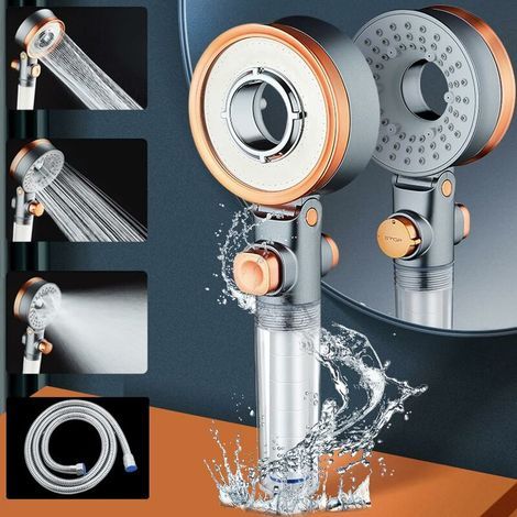 Pommeau de douche 3 types de jets Turbo double face avec filtre en coton PP - Douchette haute pression économiseur d'eau et tuyau de 1,5 m - Pour salle de bain avec eau dure ou douce (1/5)
