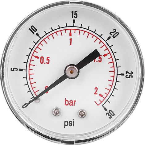 Manomètre 50mm de diamètre, 1/4 BSPT raccord arrière, pour air, eau, huile, gaz (0-30 PSI / 0-2 Bar) (1/5)