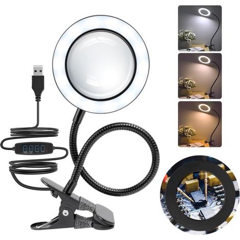 LED-Vergrößerungslampe,3-fache Vergrößerung mit Licht,3 Farben,10 Helligkeitsstufen,360° verstellbare Tischvergrößerungslampe mit Klemme (1/2)