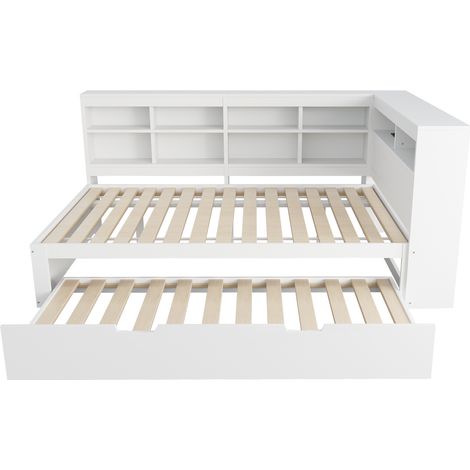 Cama Nido 140 x 200 cm y 90 x 190 cm de Madera con Compartimentos de Almacenamiento, Puerto USB, sin Colchón, Blanco (1/5)