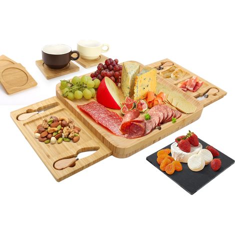 Todeco – Plateau à fromage en bambou 33x33cm – 4 sous-verres – 2 tiroirs cachés – 1 ardoise amovible – Ustensiles en bambou inclus (1/5)