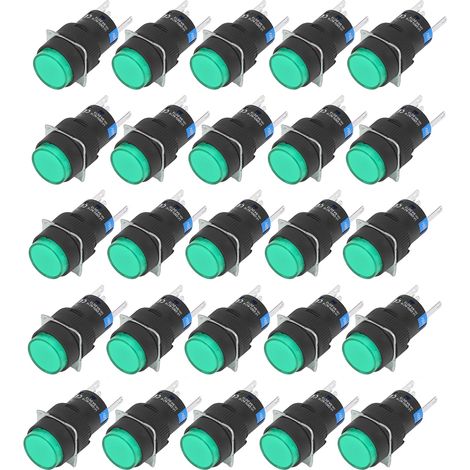 25 Stück 16 mm 5-polige Drucktaster, runde, selbstverriegelnde Netzschalter mit Kontrollleuchte, 220 V, grün (1/5)
